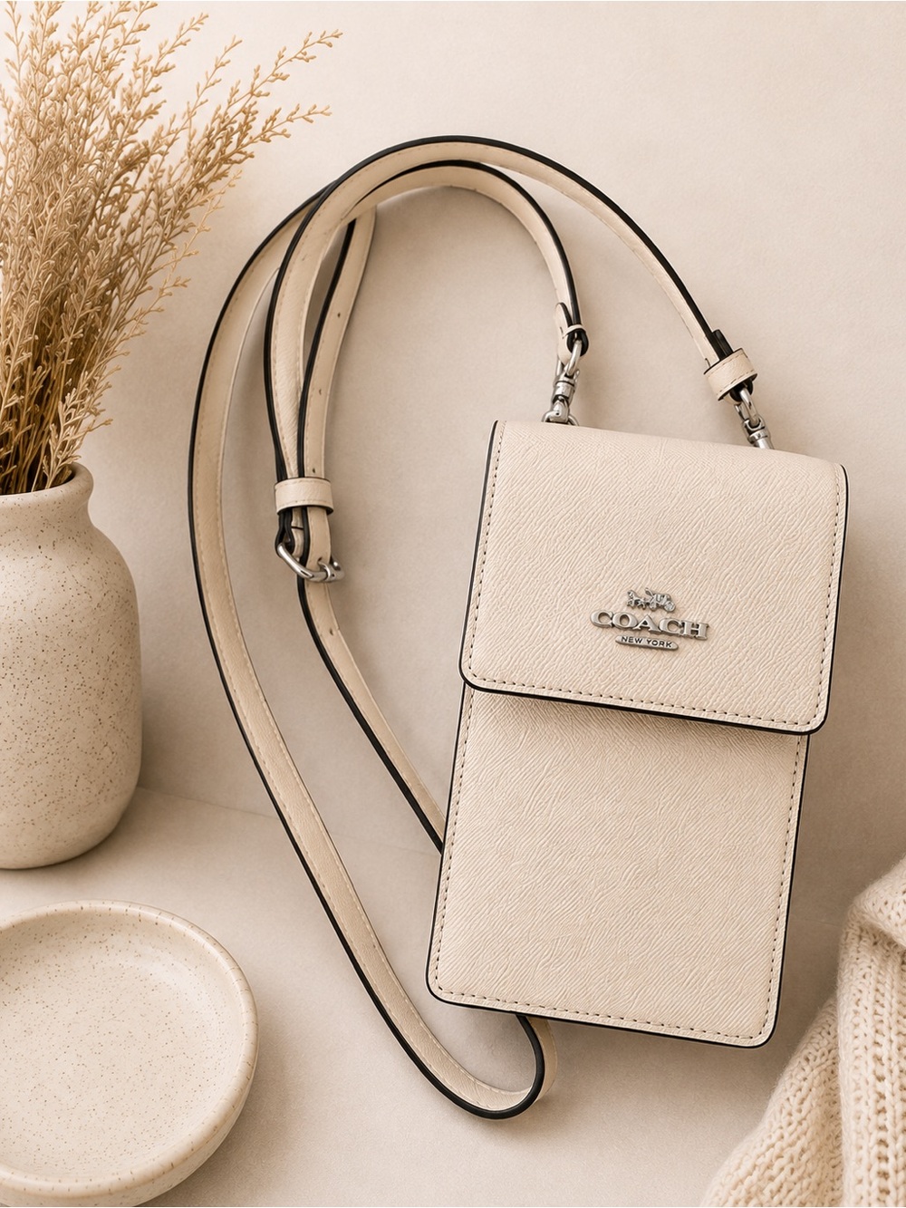 Coach Cream Pebbled Leather Phone Crossbody Bag